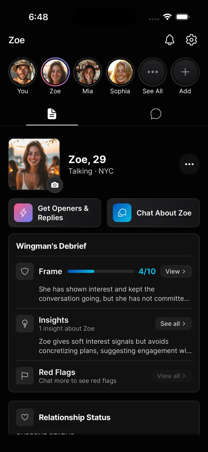 A Romantic Interest page in the Wingman app